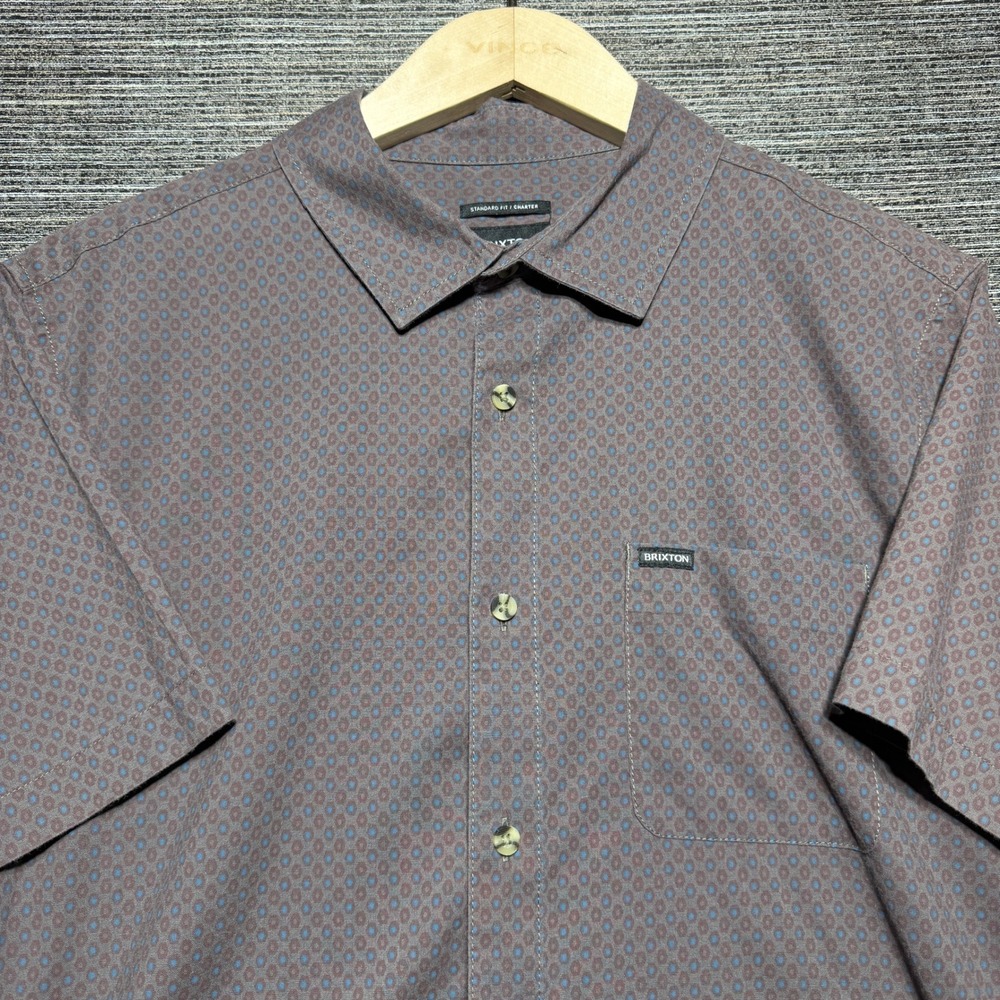 Brixton Button Shirt Men L Brown Geometric SS Charter Standard Fit Stretch
